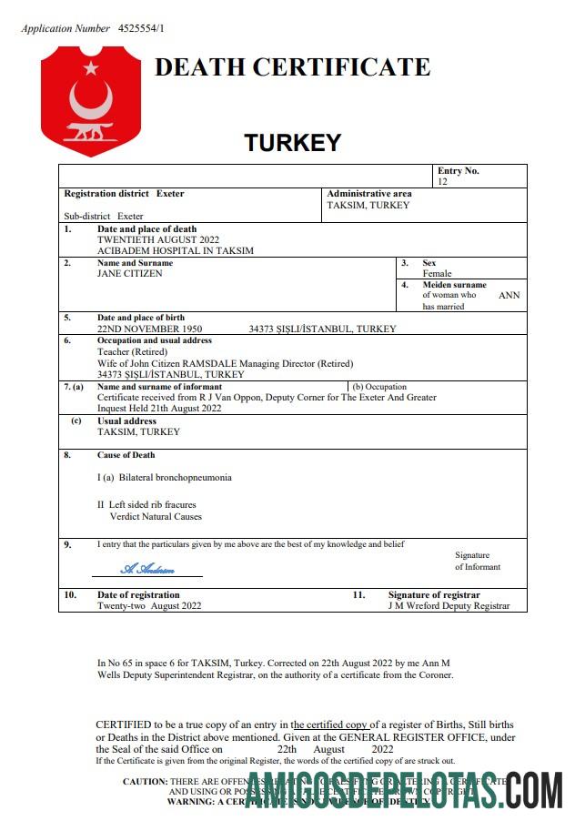 Em branco modelo Word e PDF de certidão de óbito de registro vital da Turquia